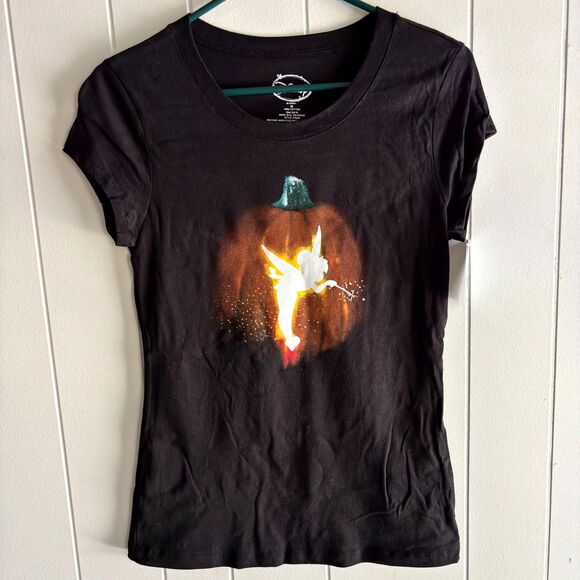 Disney TINKERBELL Black Cap Sleeve V Neck Fall Halloween Size M T Shirt NWT #S - Picture 1 of 3